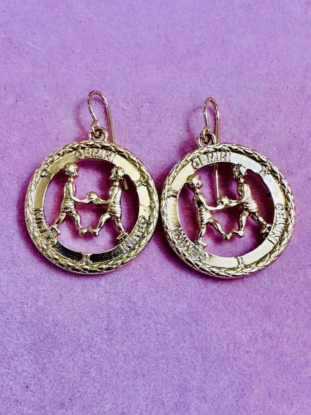 Gold Tone Gemini Zodiac Coin Drop Earrings
